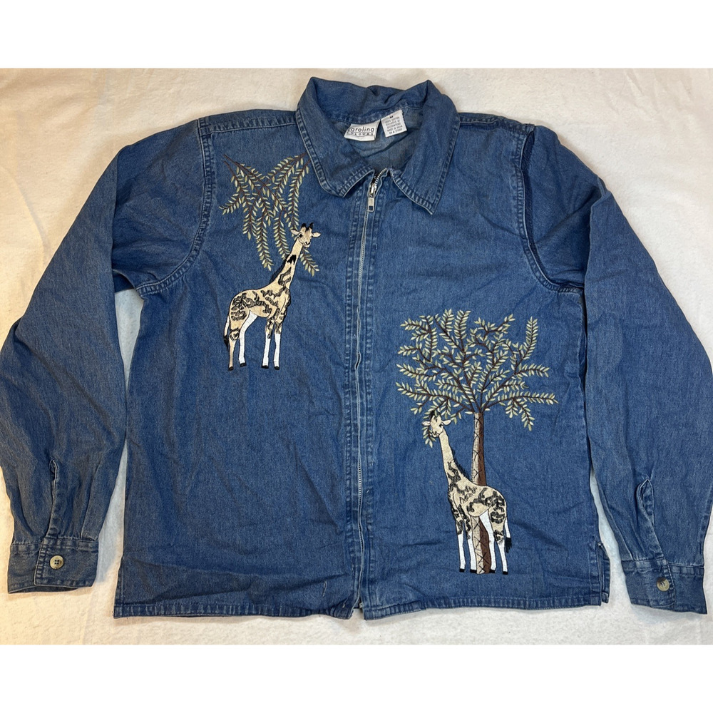 Carolina Colors Denim Full Zip Giraffe Tree Embroidered Medium Safari‎ Cotton